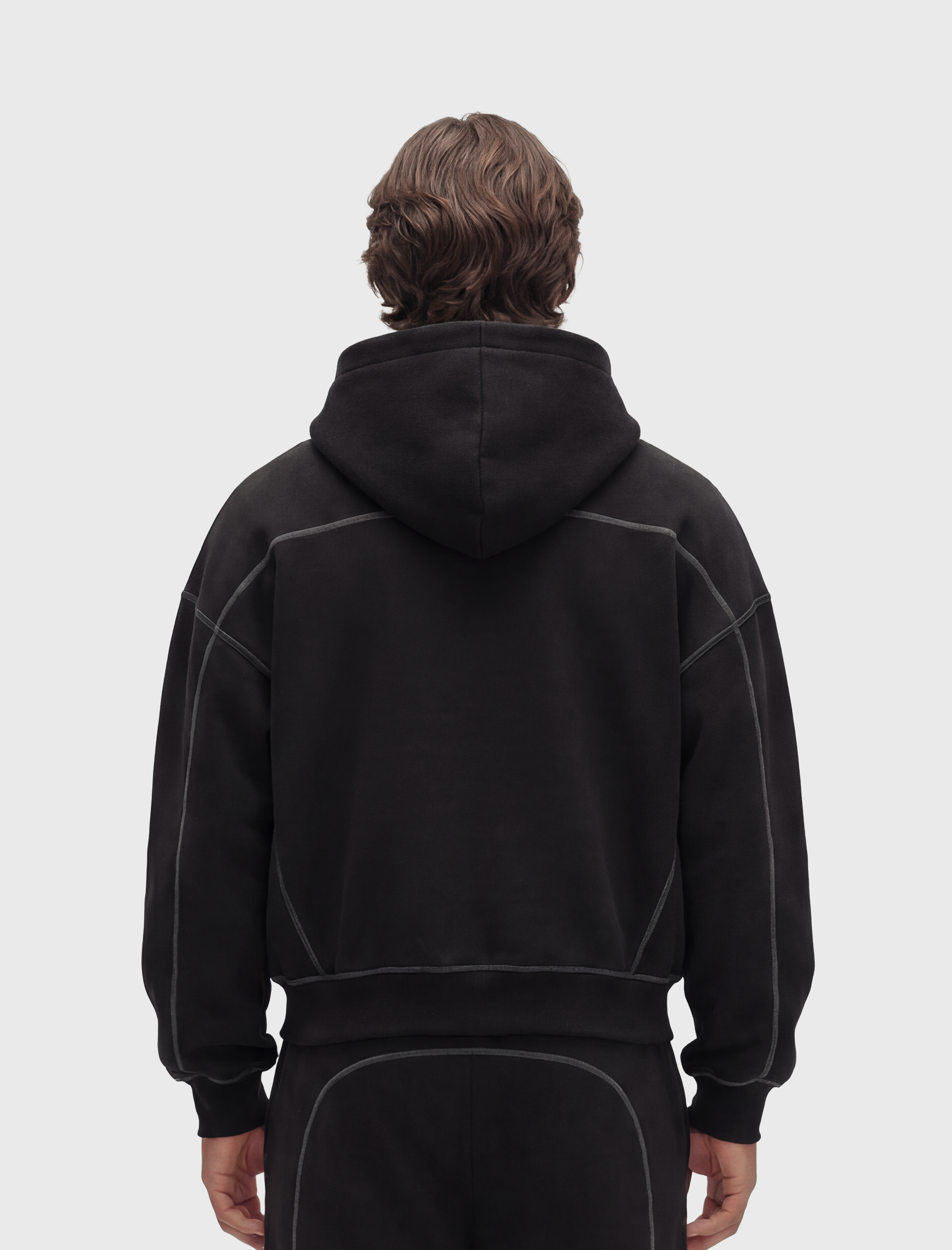 HERCXLES 2026: Contrast-Stitched Boxy Fleece Hoodie - Black model back